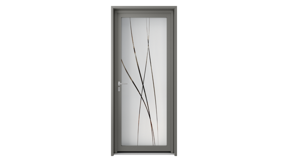 Porte d'entrée parclosé gamme lumière BETA Porte d'entrée vitrée avec lignes fines en décoration du haut jusqu'au bas de la fenêtre